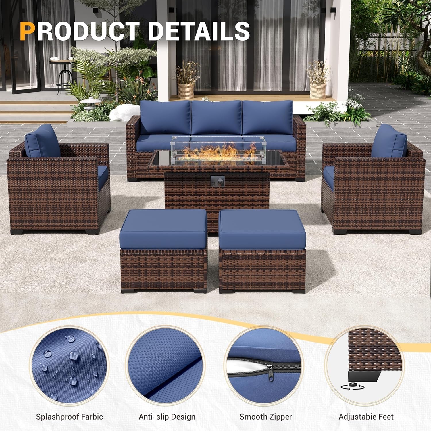 Navy Wicker Outdoor Sectional Couch Set with Fire Pit