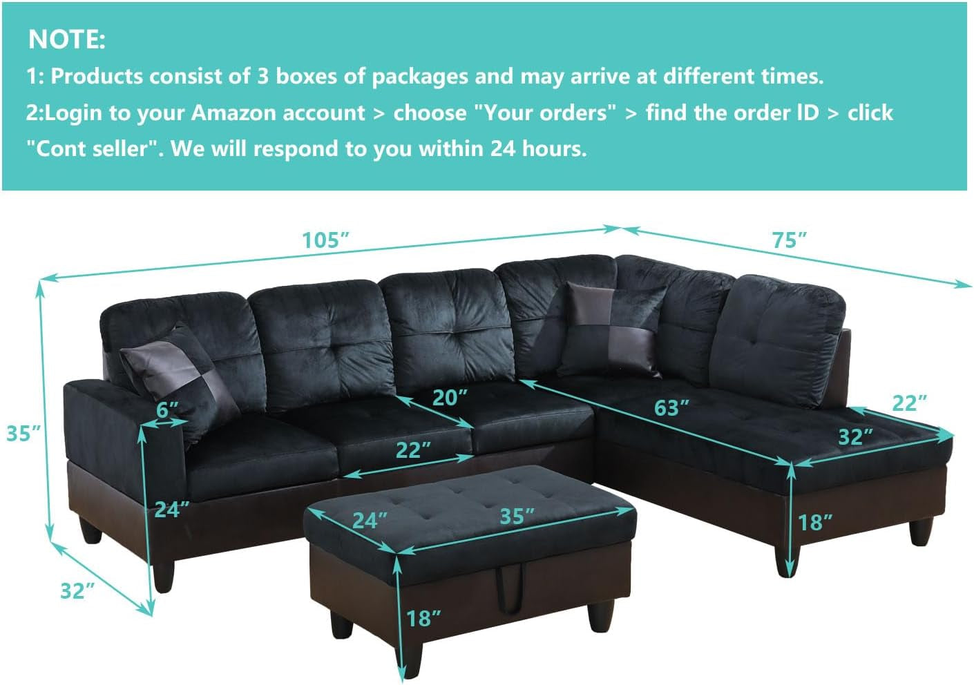 Midnight Blue Sectional Couch for Living Room Set, 105 Inch Sectional Sofa L Shaped Couch with Storage Ottoman/Microfiber Fabric/Facing Right Chaise