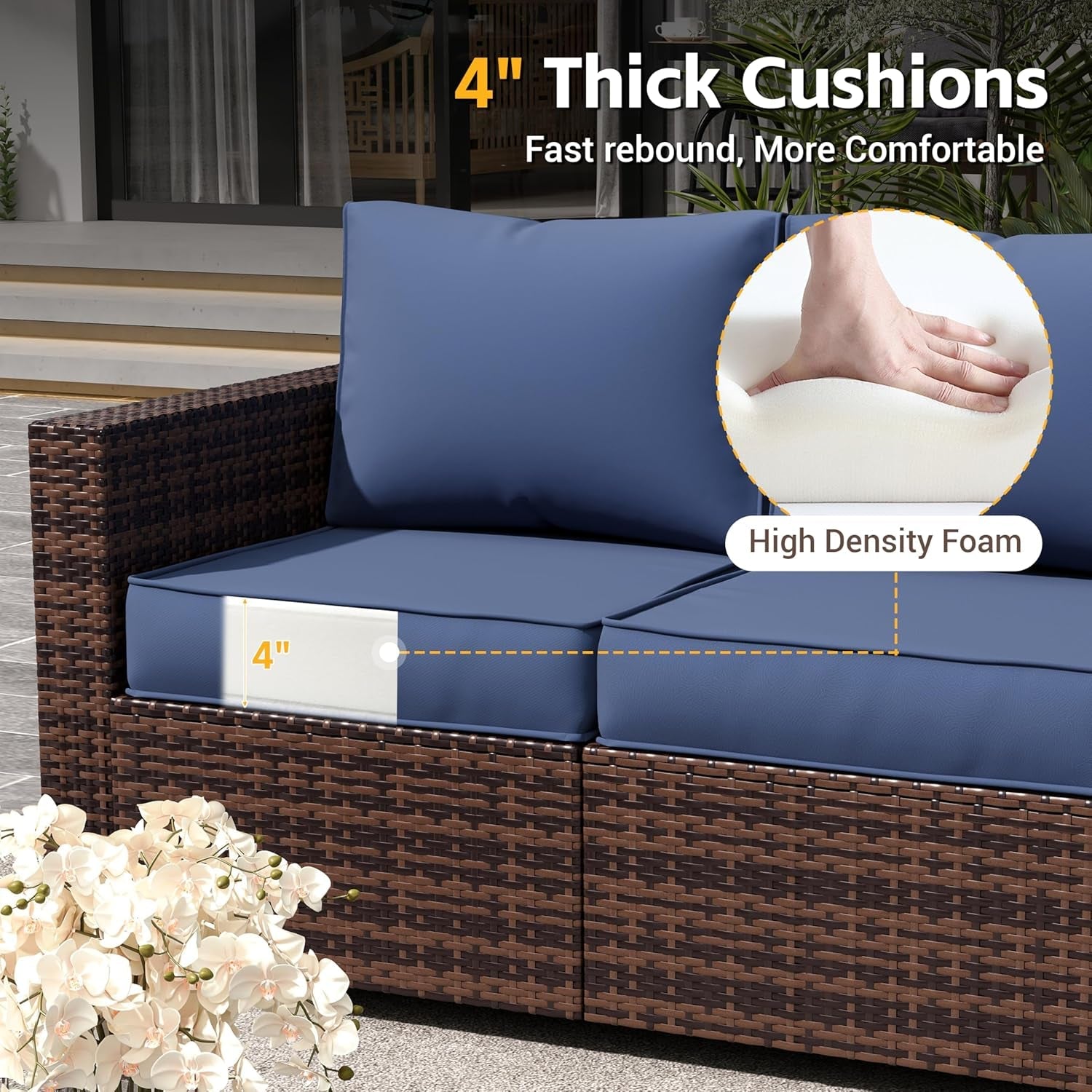 Navy Wicker Outdoor Sectional Couch Set with Fire Pit