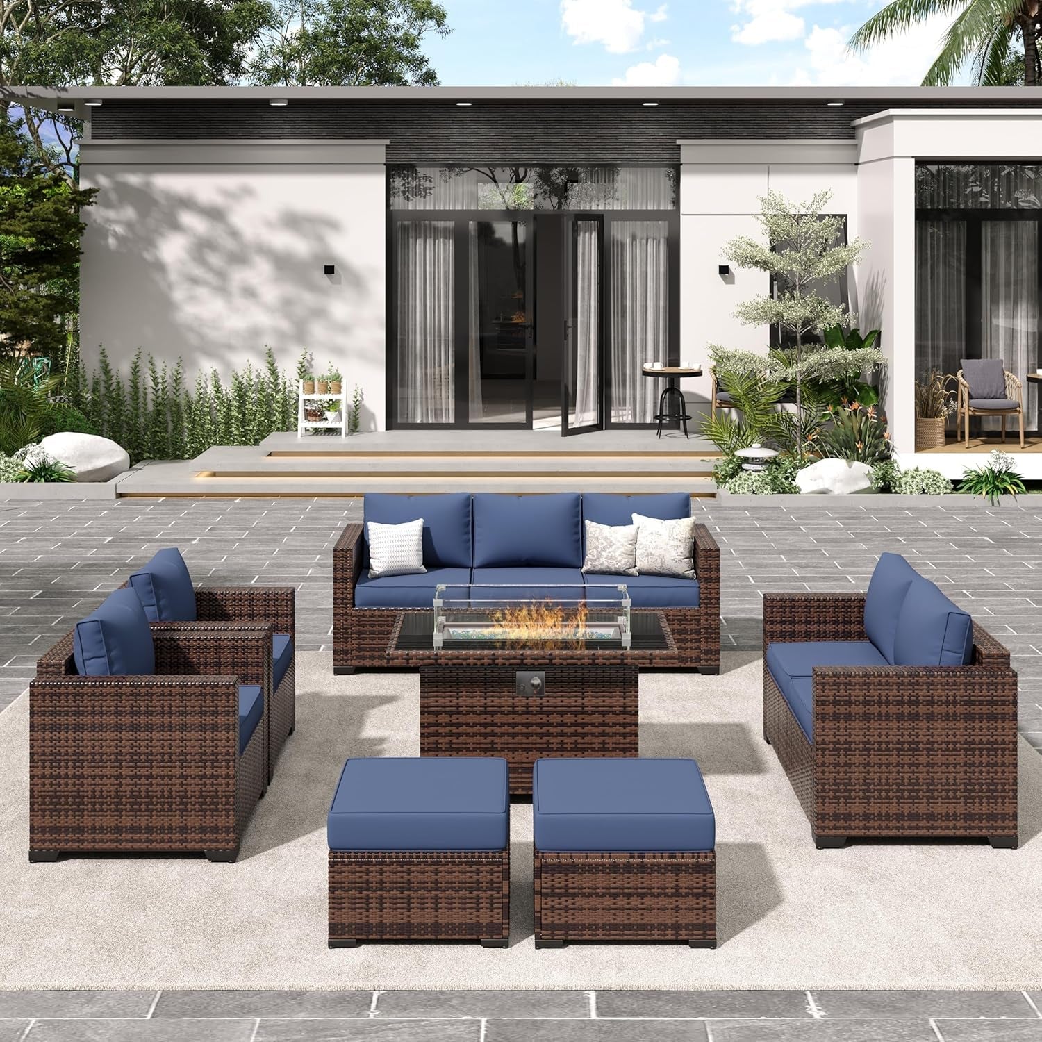 Navy Wicker Outdoor Sectional Couch Set with Fire Pit