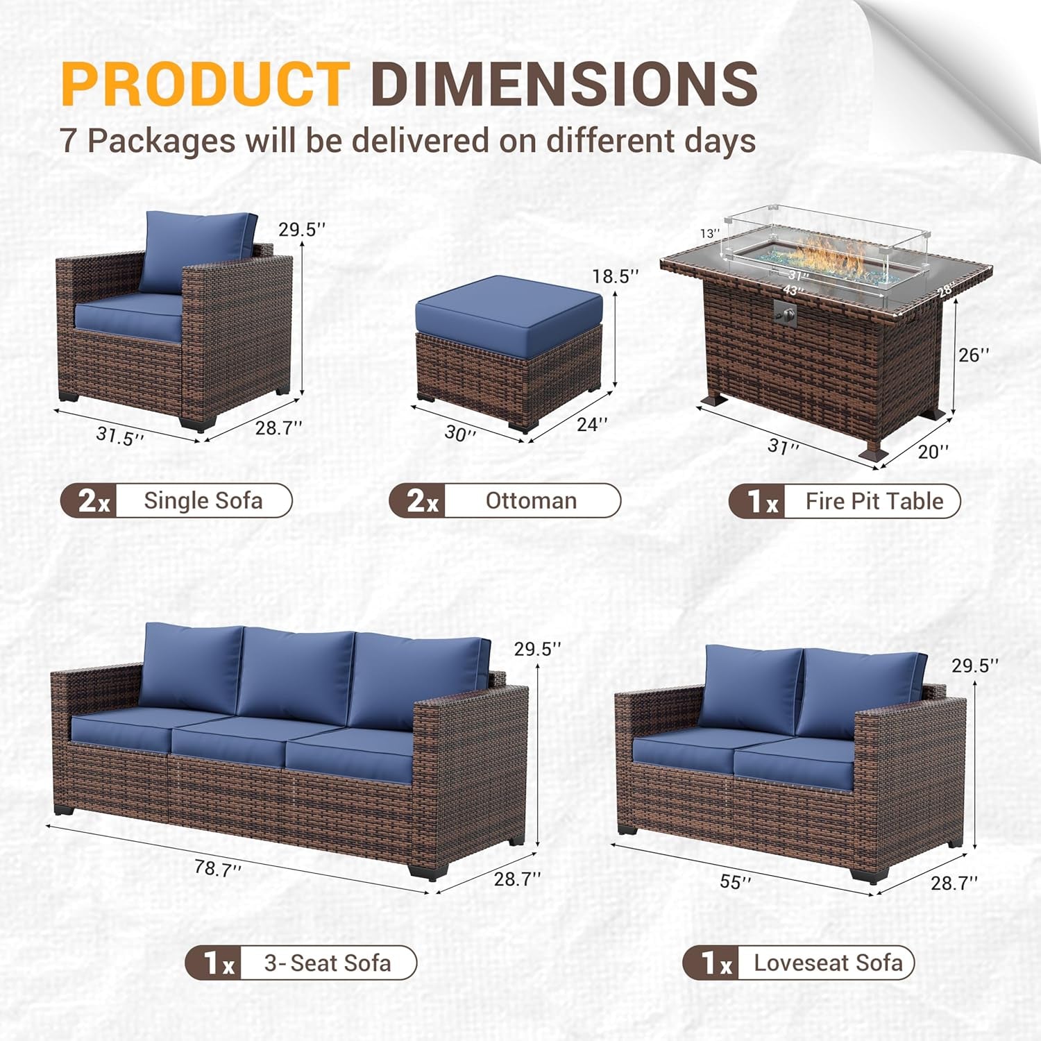 Navy Wicker Outdoor Sectional Couch Set with Fire Pit