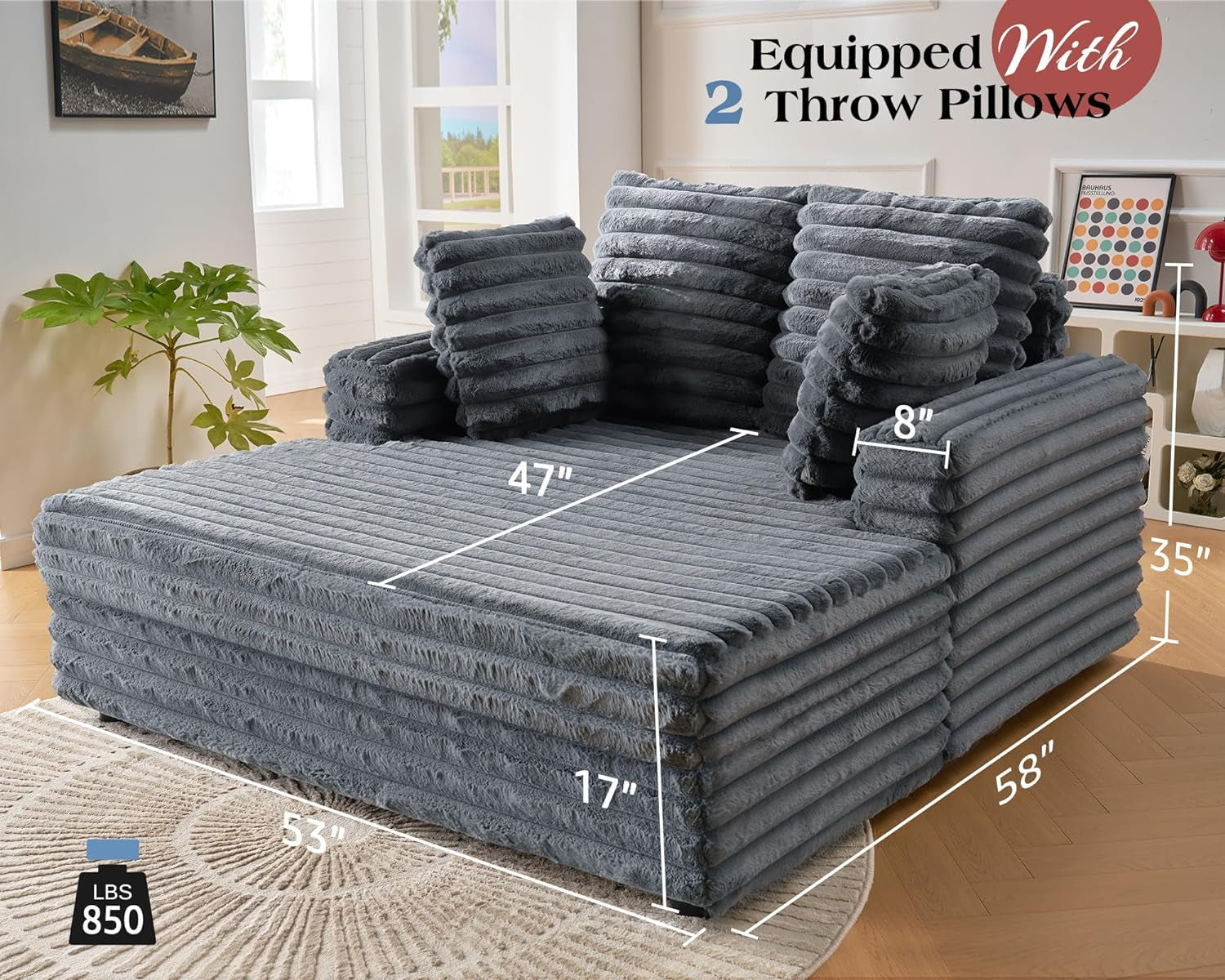 53 Inch Chaise Lounge Indoor, Plush Sleeper Chair with Throw Pillows, Upholstered Sofa Bed with Armrests, Plush Chair Bed for Living Room(Grey)