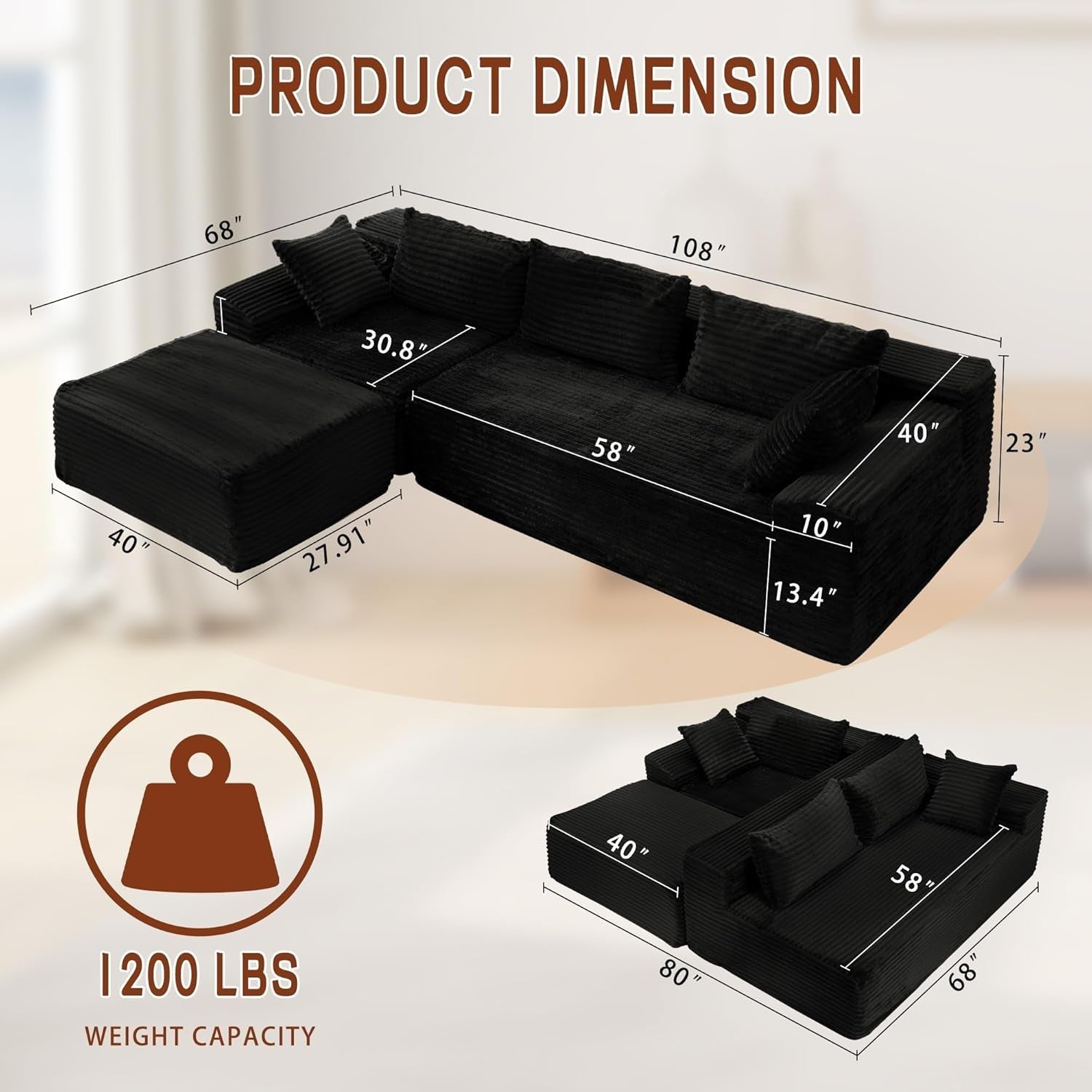 L-Shape Modular Sectional Couch with Deep Seat Comfort